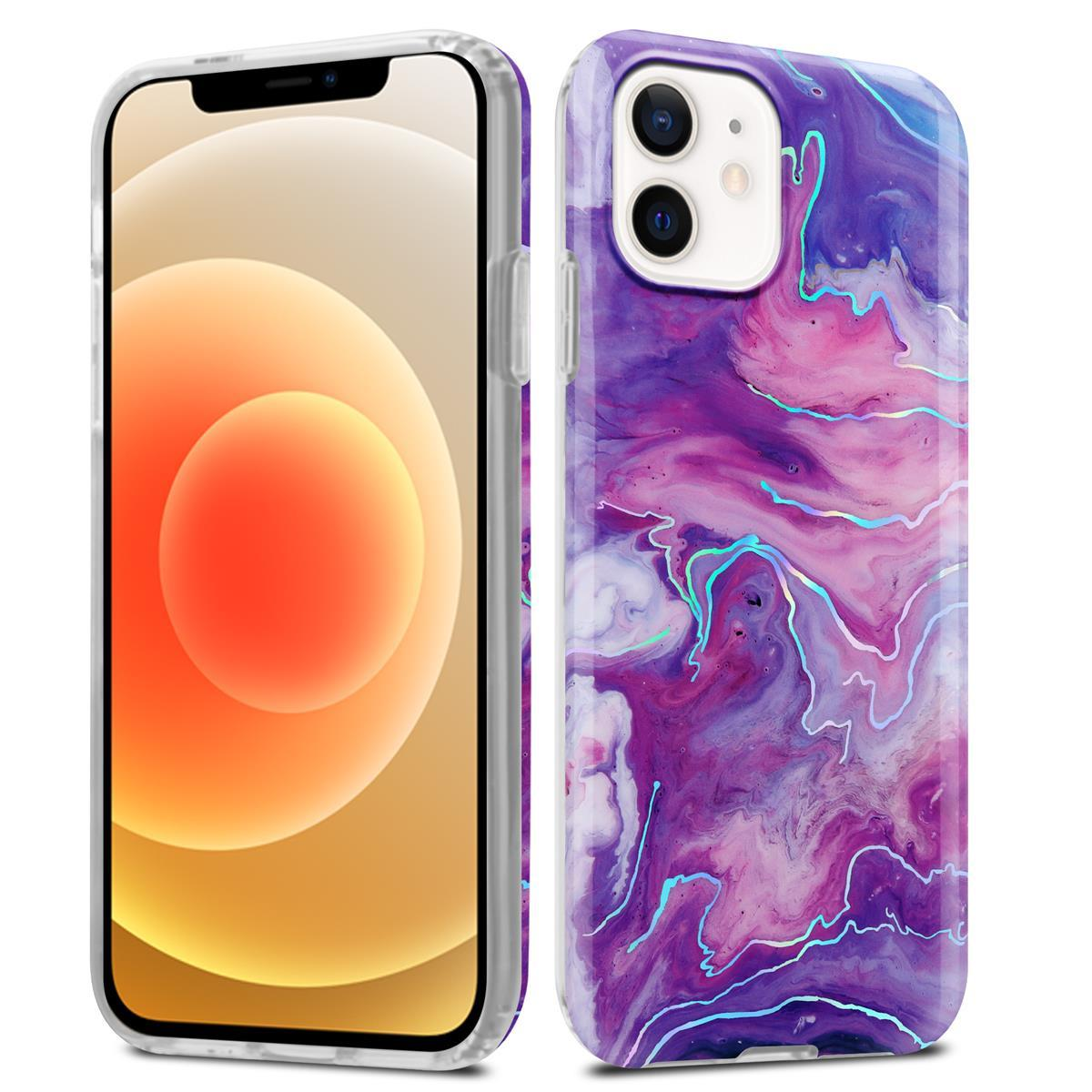 Due telefoni con custodie. Uno è trasparente, uno ha un design a marmo viola. Lo sfondo è sfocato.