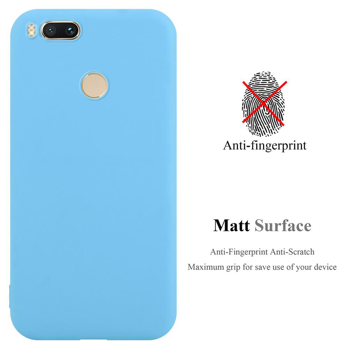 Custodia per telefono azzurra con immagine di impronta digitale con una X rossa e il testo 'Matt Surface'.