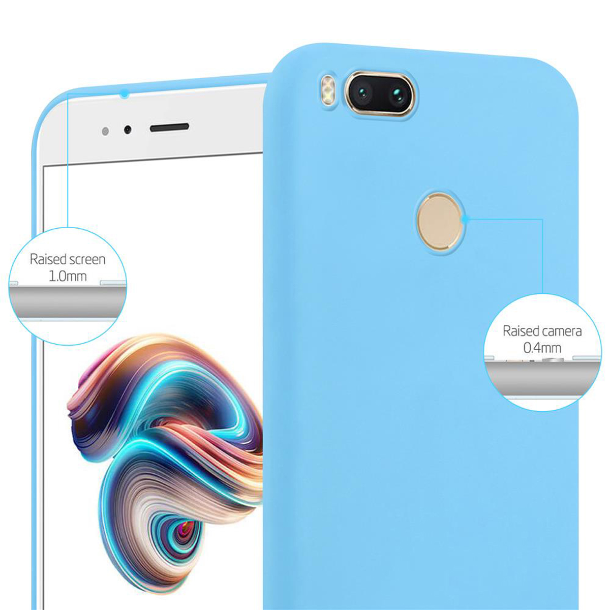 Custodia per telefono azzurro con dettagli del telefono. Viene mostrata la protezione rialzata dello schermo e della fotocamera.
