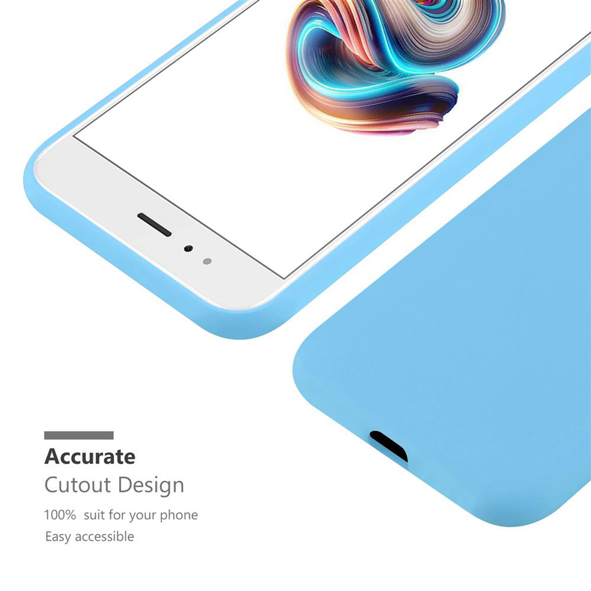 Un telefono in una custodia blu. L'immagine evidenzia il design preciso del ritaglio.