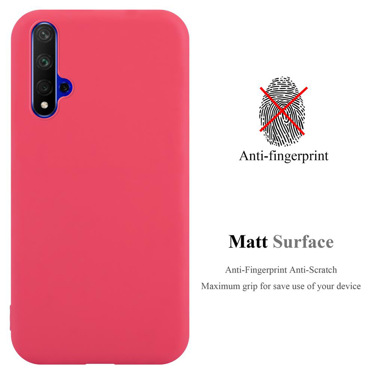 Rosa Handyhülle mit Anti-Fingerabdruck- und mattierten Oberflächenmerkmalen. Text zeigt Kratzschutz und Grip.