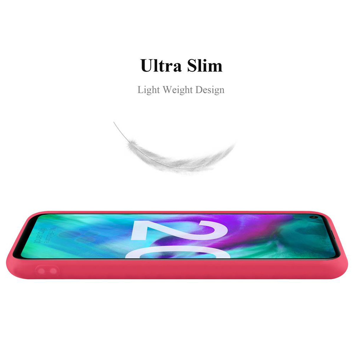 Eine rote Handyhülle mit dem Telefon darin. Eine Feder befindet sich über der Hülle.
