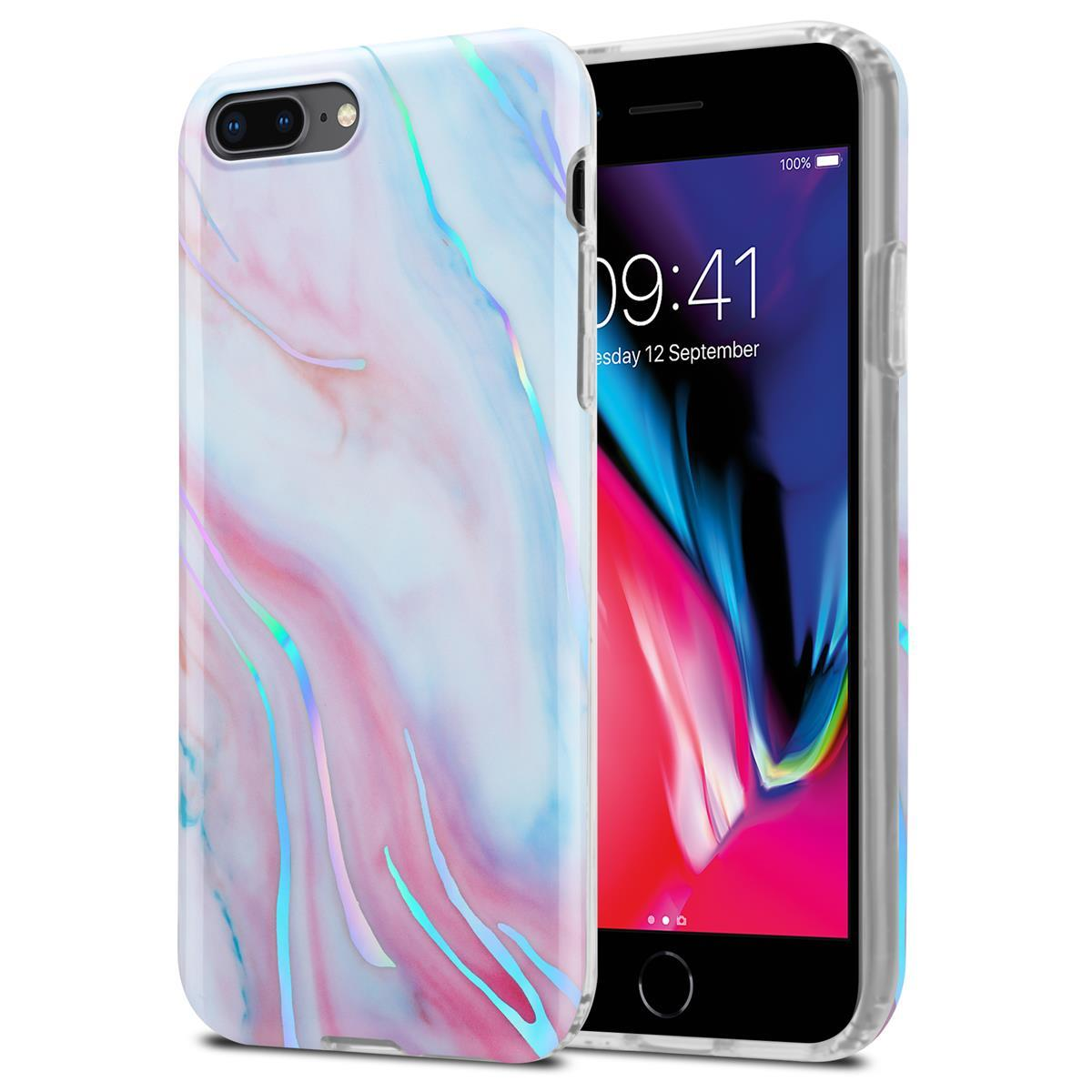 Ein Telefon mit marmoriertem Muster. Es hat eine transparente Hülle und liegt auf einer weißen Oberfläche.