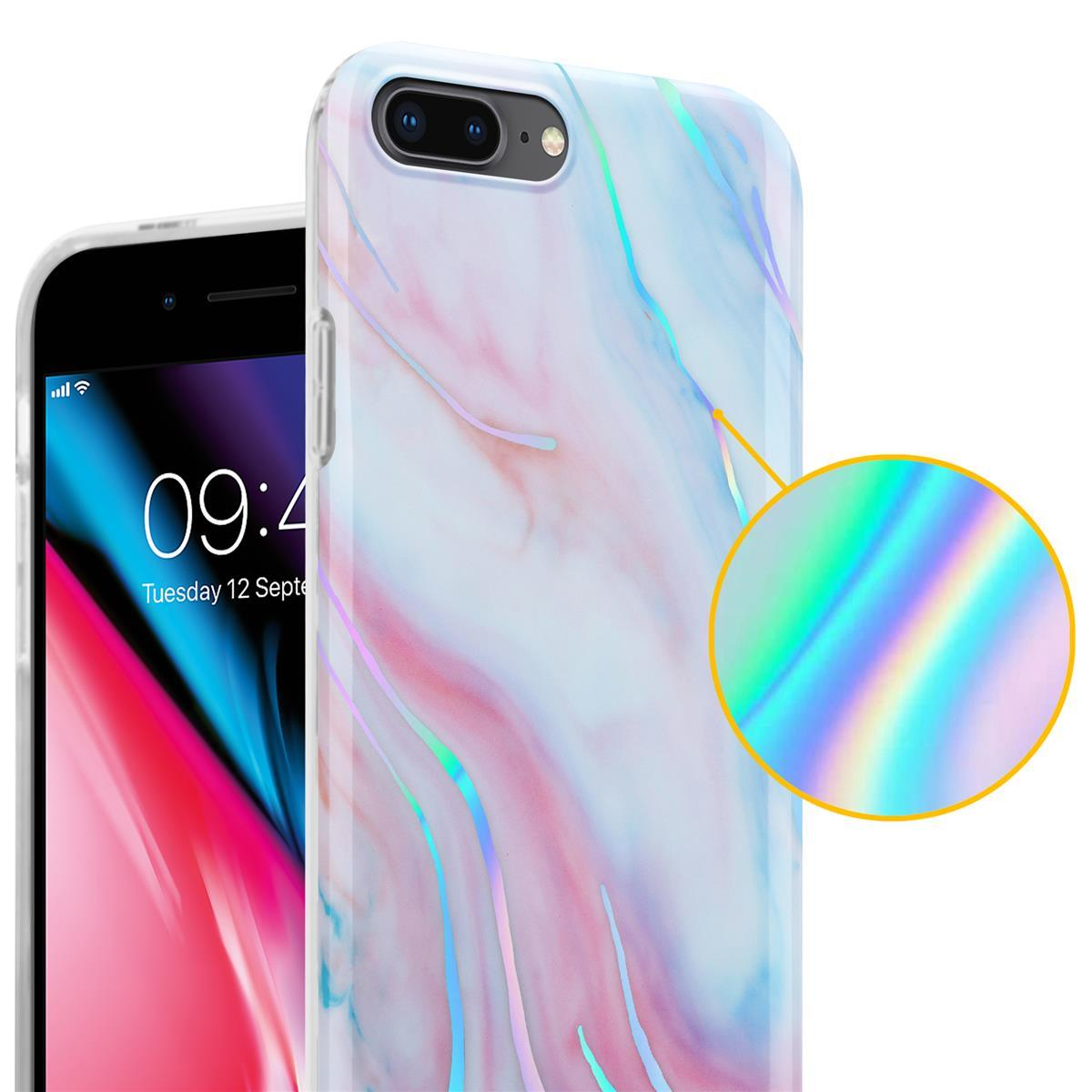 Weiße und rosa Marmor-Handyhülle mit einem Telefon, das eine blau-weiße Anzeige zeigt.