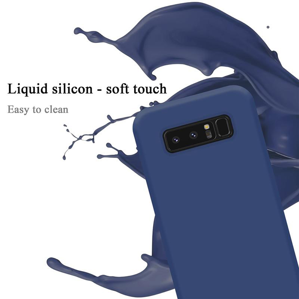 Custodia blu per telefono con schizzo blu. Testo: Silicone liquido - tocco morbido, Facile da pulire.