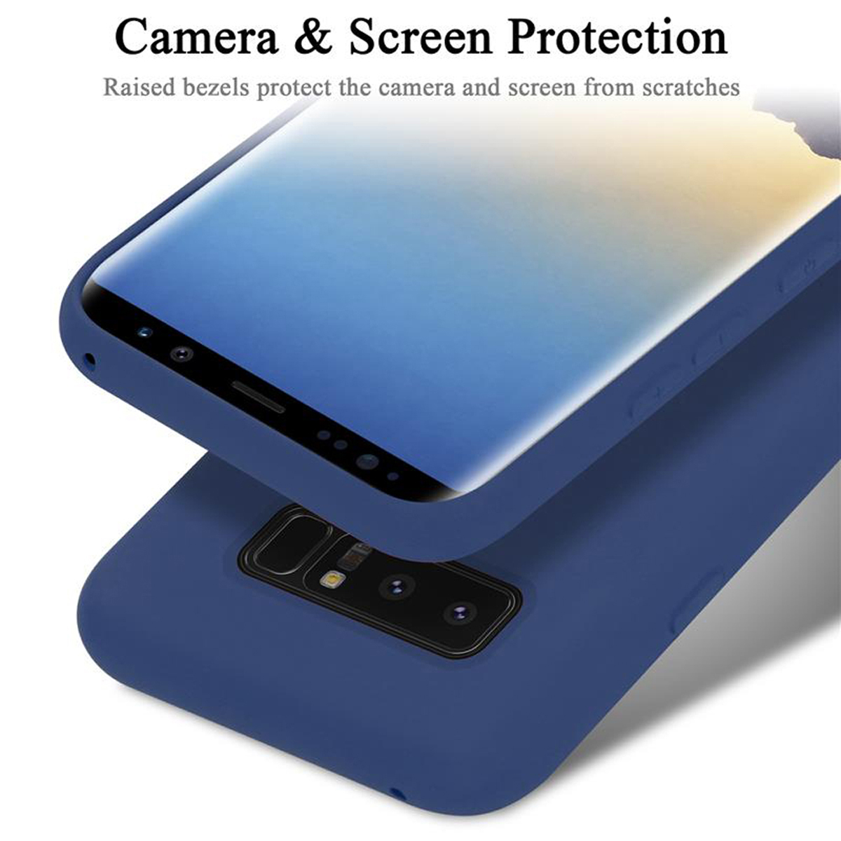 Due custodie blu impilate, una con un telefono all'interno.