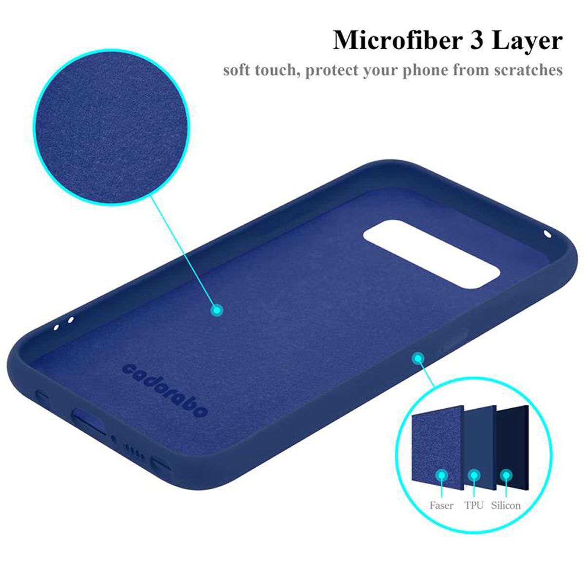 Custodia blu per telefono con ritagli. Il dettaglio mostra 3 strati: Faser, TPU, Silicone. Testo: Microfibra 3 strati.