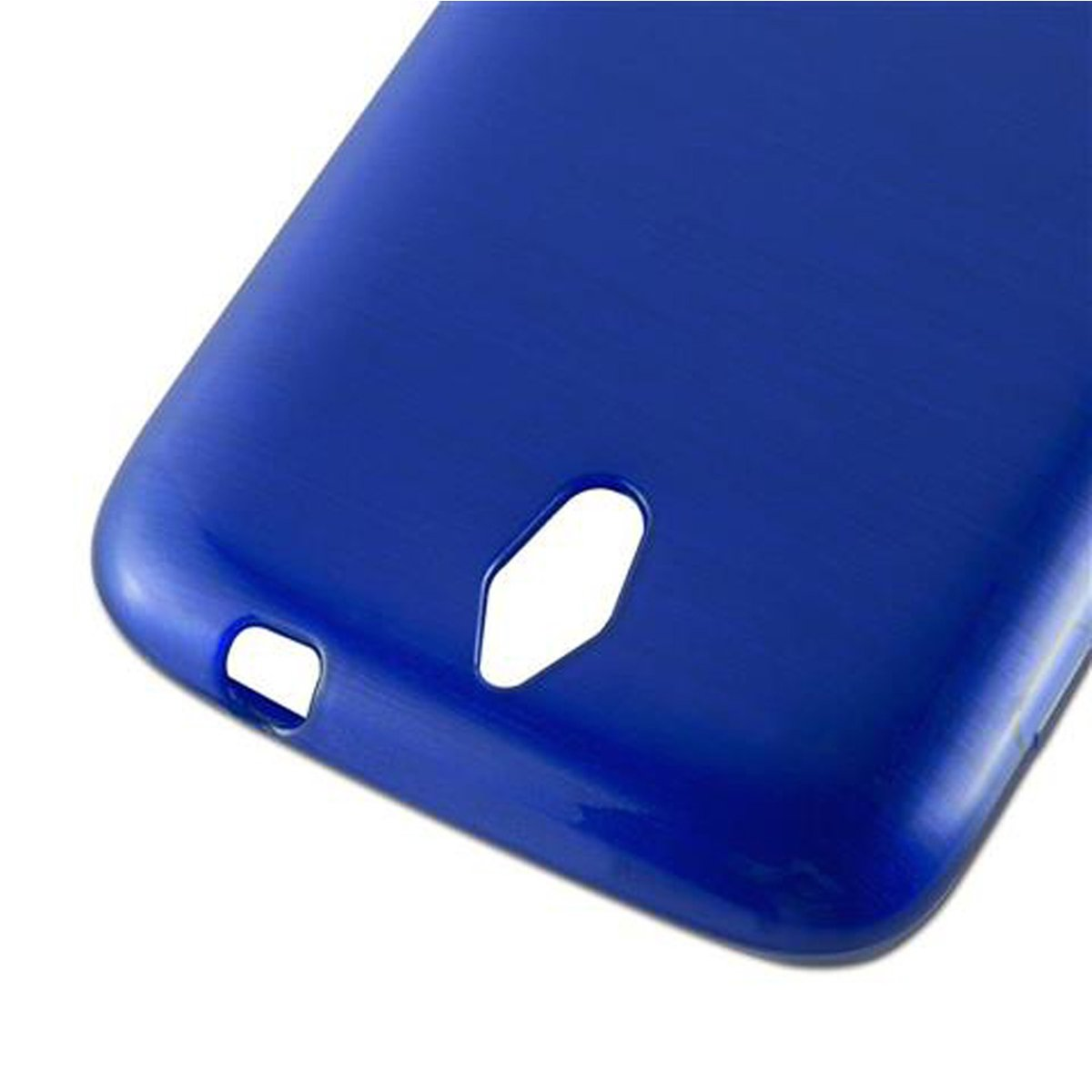 Eine blaue Handyhülle mit Aussparungen.