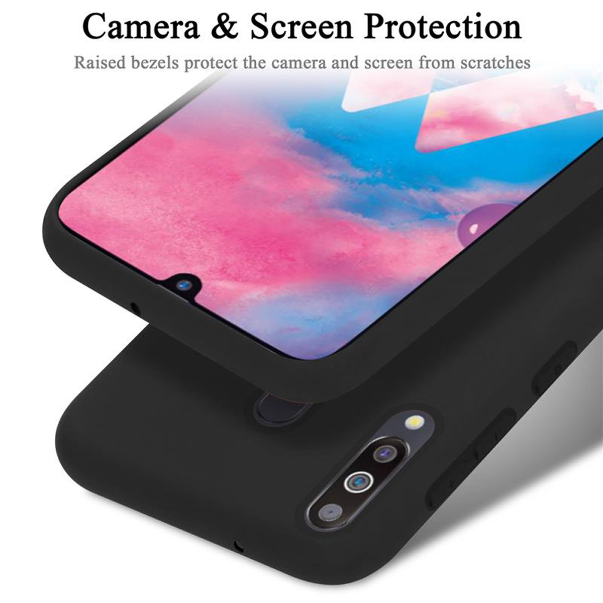 Schwarze Handyhülle mit Kamera- und Bildschirmschutz. Das Telefon liegt auf einer anderen Hülle. Der Hintergrund ist dunkelblau.