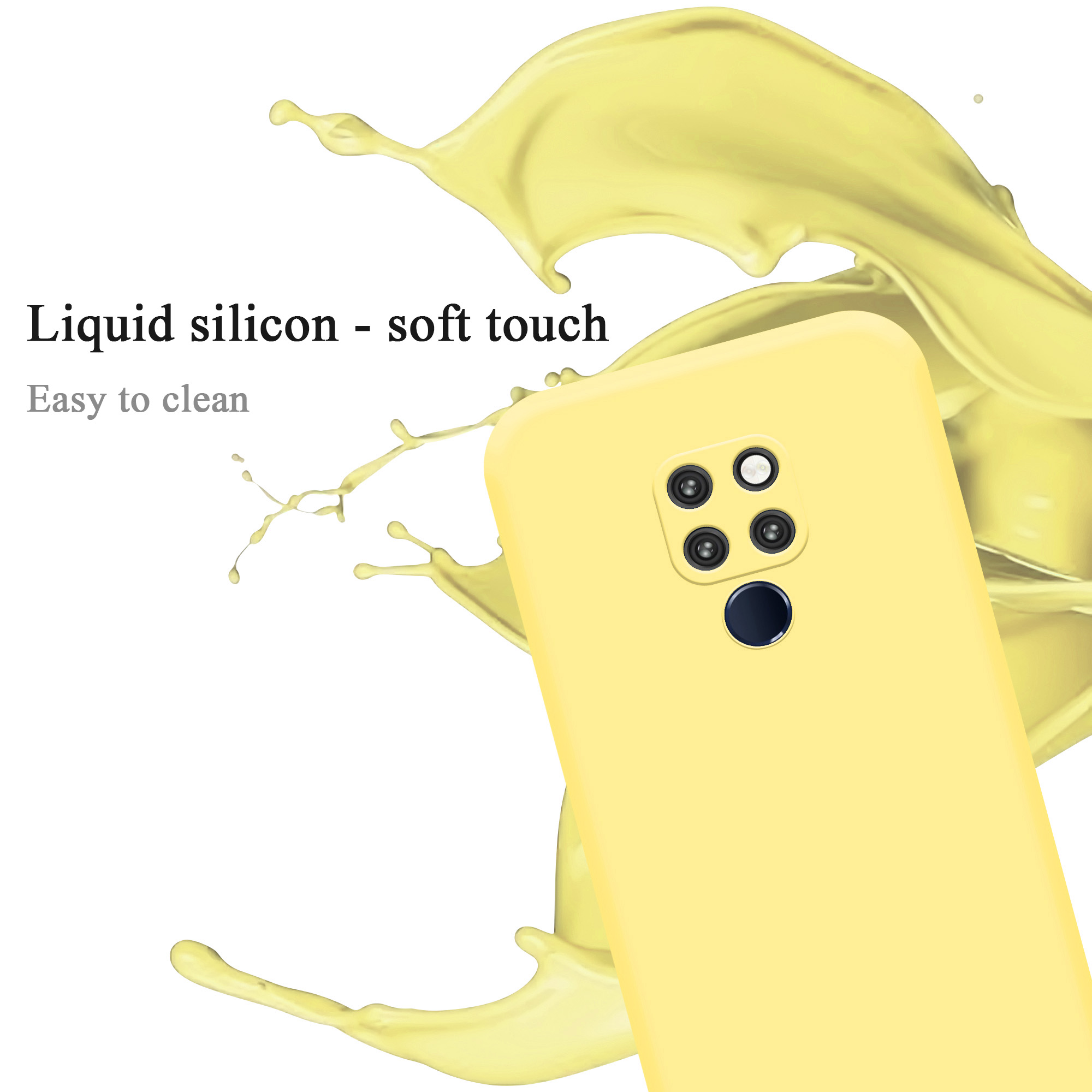 Gelbe Handyhülle mit gelbem Flüssigkeitsspritzer. Für ein Handy mit 3 Kameras.