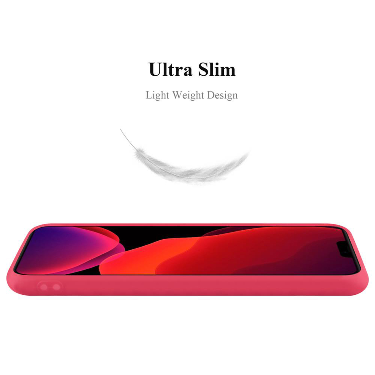 Custodia per telefono rossa. Design ultrasottile. Sfondo bianco con grafica a piuma.