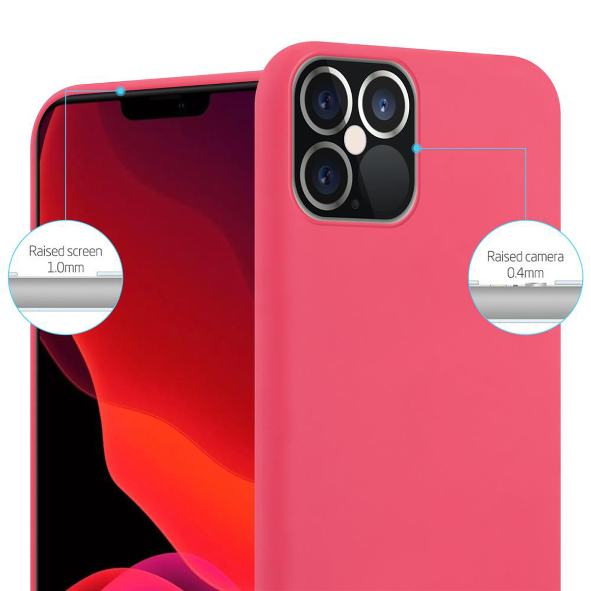 Custodia per telefono rosa con protezione schermo e fotocamera rialzata. Annotazioni indicano le funzioni.