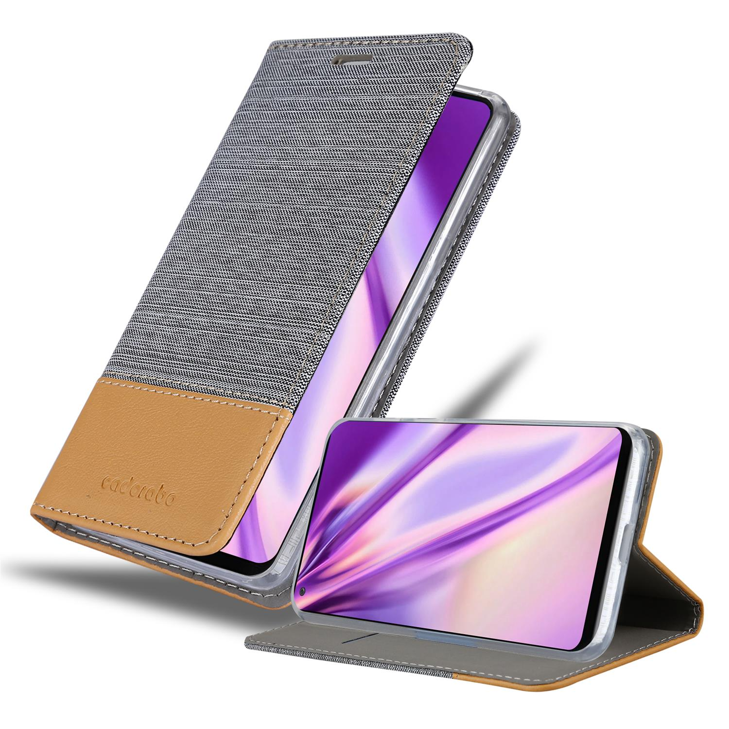 Un telefono con una custodia che si apre come un libro. La custodia è grigia e marrone.