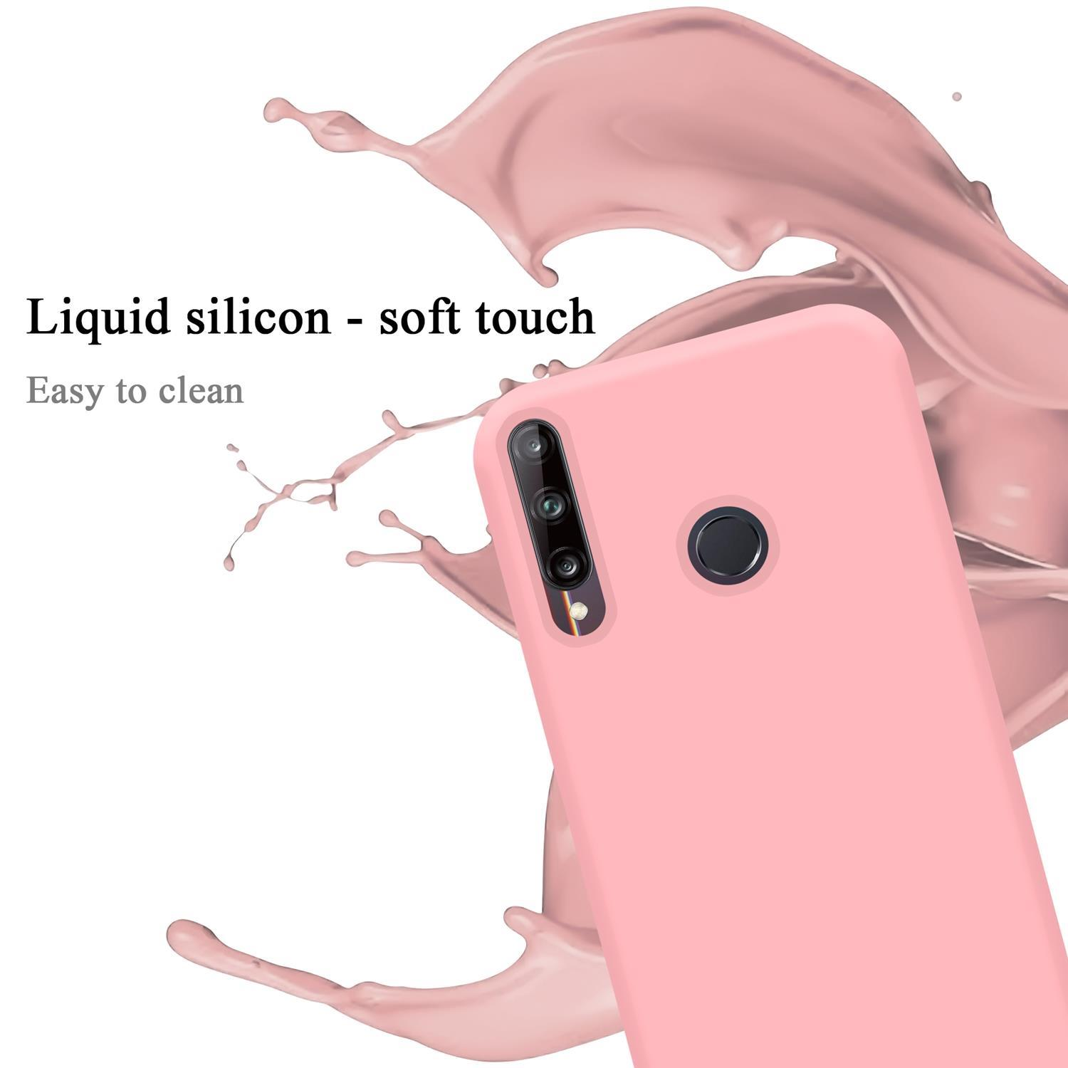 Rosa Handyhülle mit Telefon. Text zeigt weiche Haptik und einfache Reinigung.