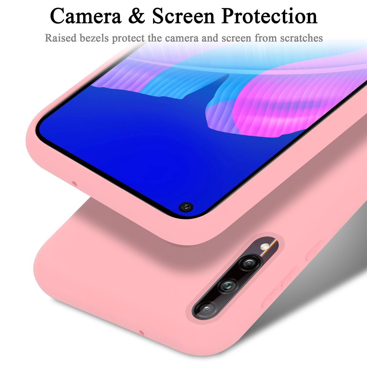 Eine pinke Handyhülle mit einem Telefon darin. Die Hülle hat einen erhöhten Rahmen. Text: Kamera- und Bildschirmschutz.