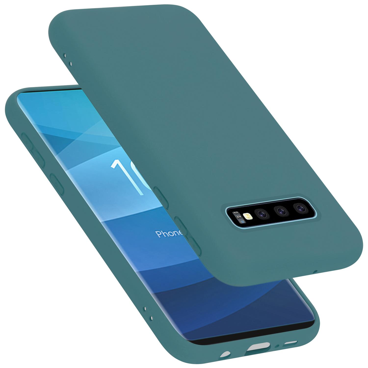 Eine teal Handyhülle mit einem Handy, auf weißem Hintergrund. Die Hülle ist offen.