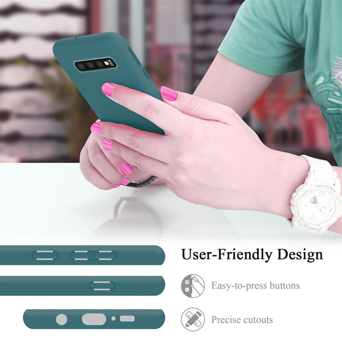 Person's Hand mit lackierten Nägeln hält eine tealfarbene Handyhülle mit benutzerfreundlichem Design.