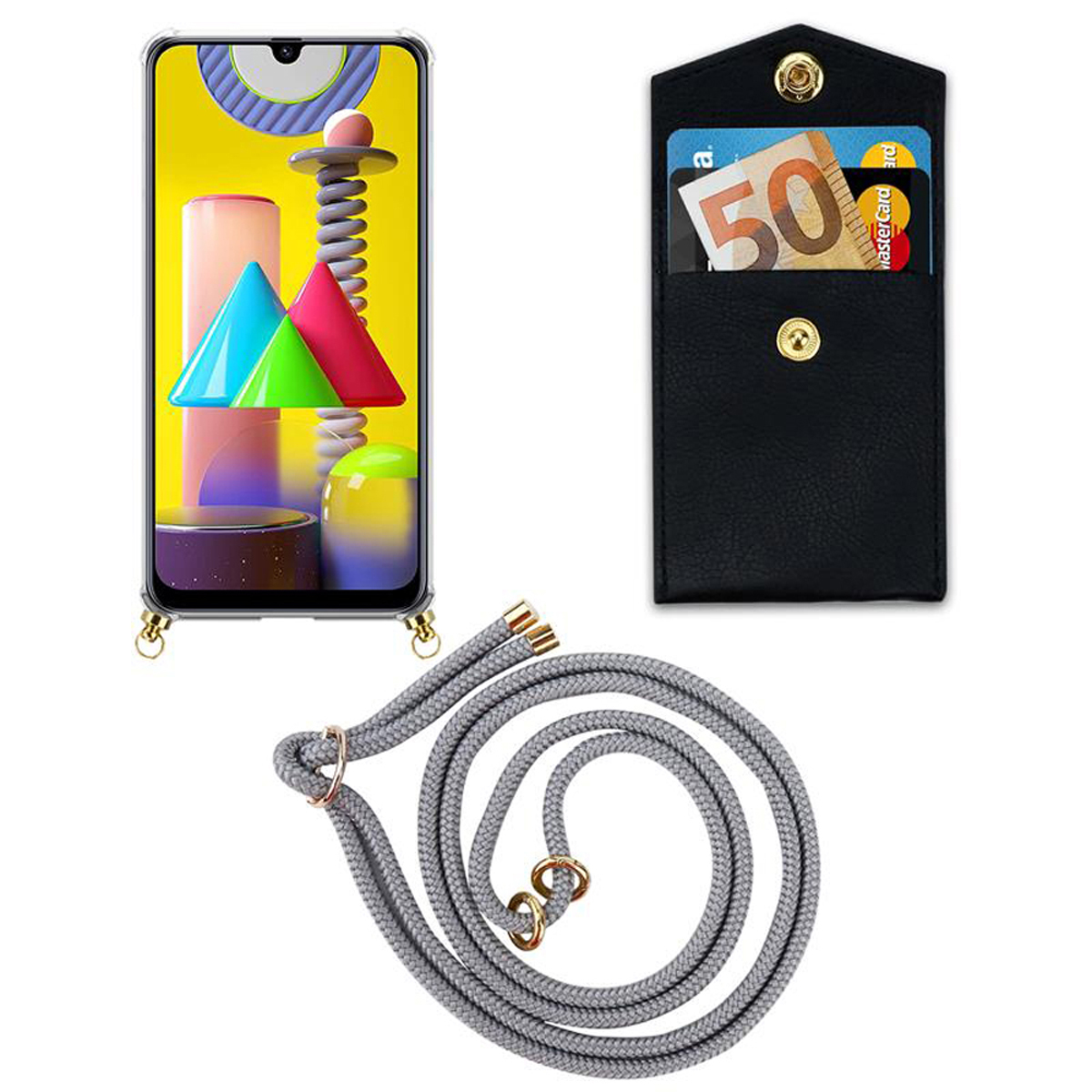 CADORABO Handy Kette Kordel Ringen, Gold abnehmbarer und GRAU Hülle, SILBER Band mit M31, Samsung, Backcover, Galaxy