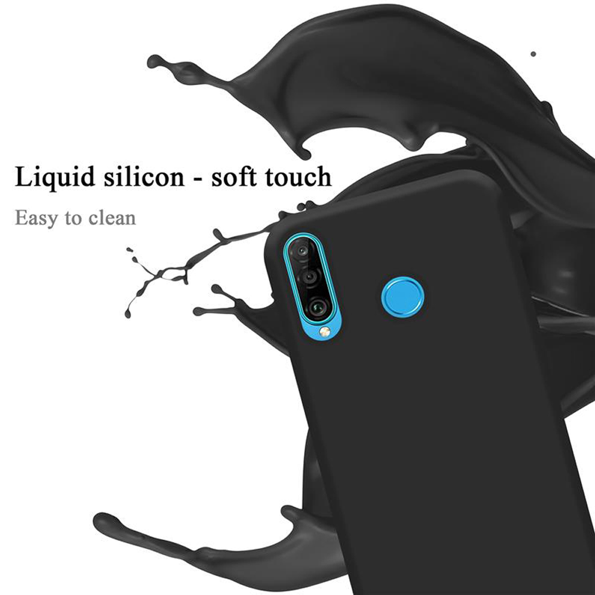 Custodia nera per telefono con fotocamera posteriore. Testo: Silicone liquido - tocco morbido. Facile da pulire. Schizzo nero sullo sfondo.