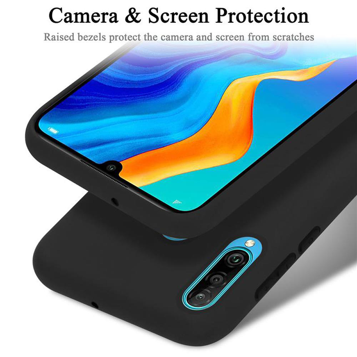 Custodia per telefono nera con bordi rialzati, protegge lo schermo e la fotocamera. Schermo del telefono visibile.