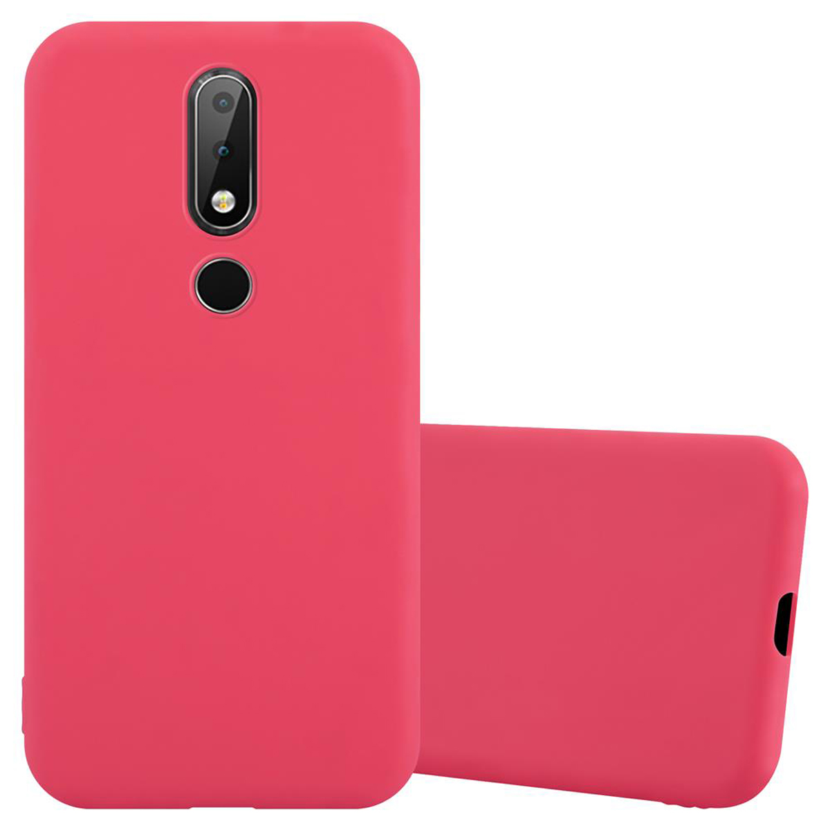 Dos fundas de teléfono rojas, una abierta y otra cerrada. El teléfono se muestra sobre un fondo blanco.
