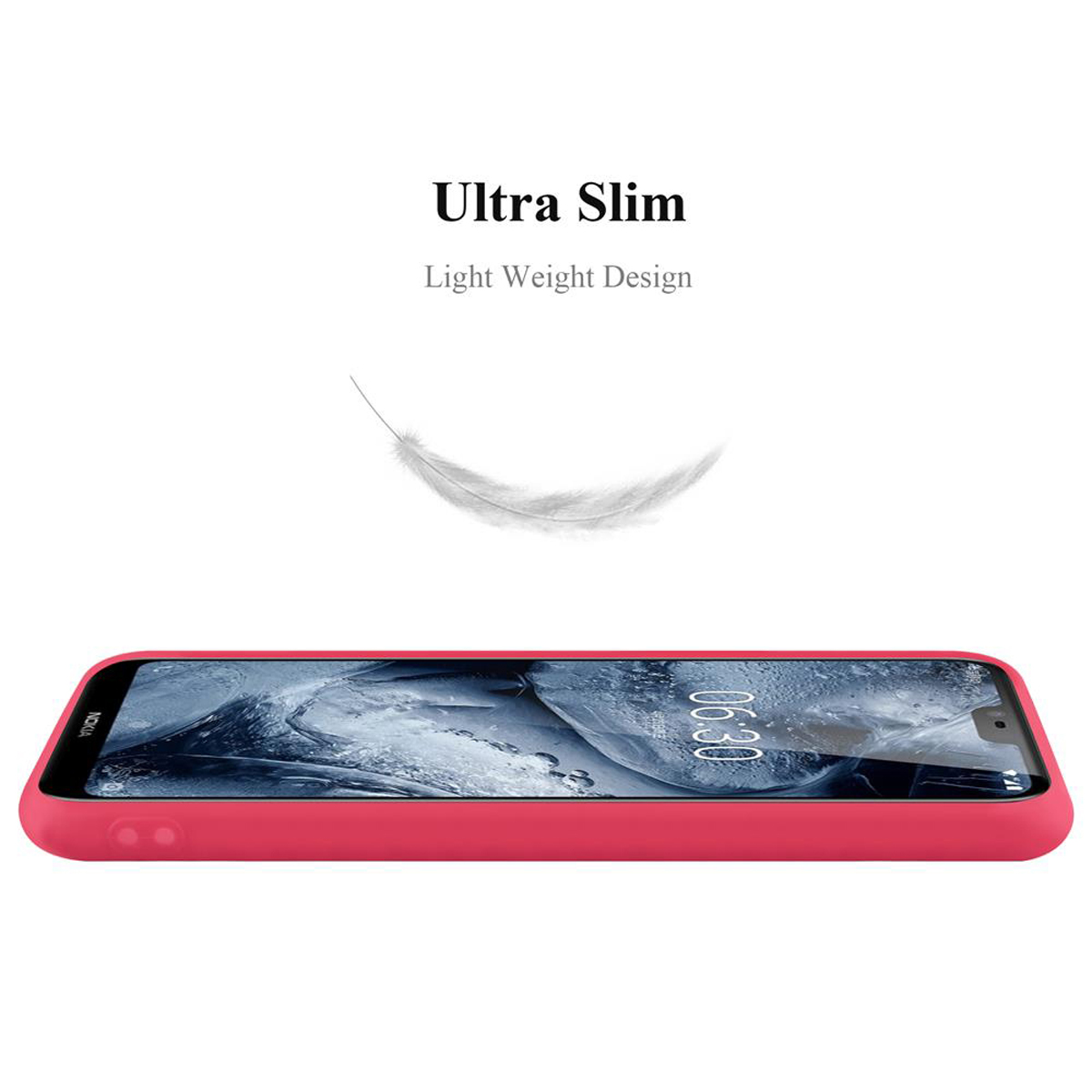 Una funda roja para teléfono vista de lado. Texto: Ultra Slim, Light Weight Design. Una pluma flota sobre la funda.