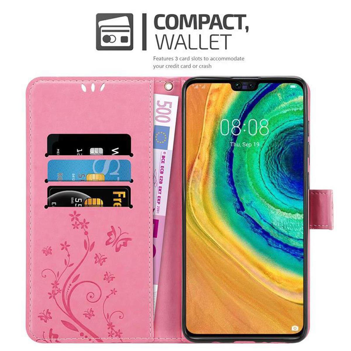 Custodia rosa per telefono con telefono. 3 slot per carte. Banconota da 500 euro visibile.