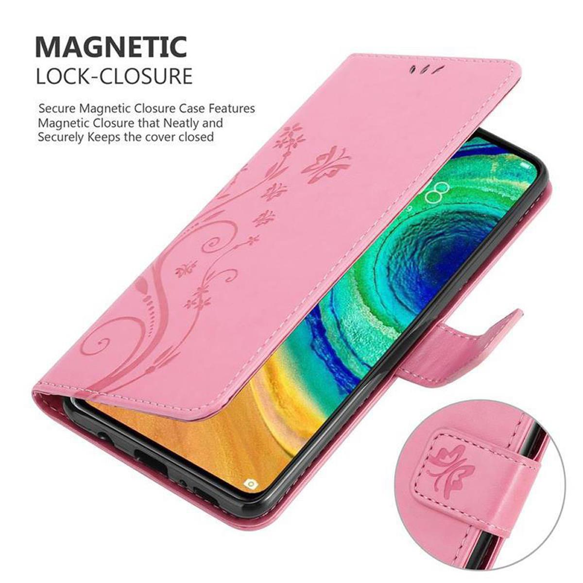 Custodia rosa con design floreale, aperta con telefono, chiusura magnetica.