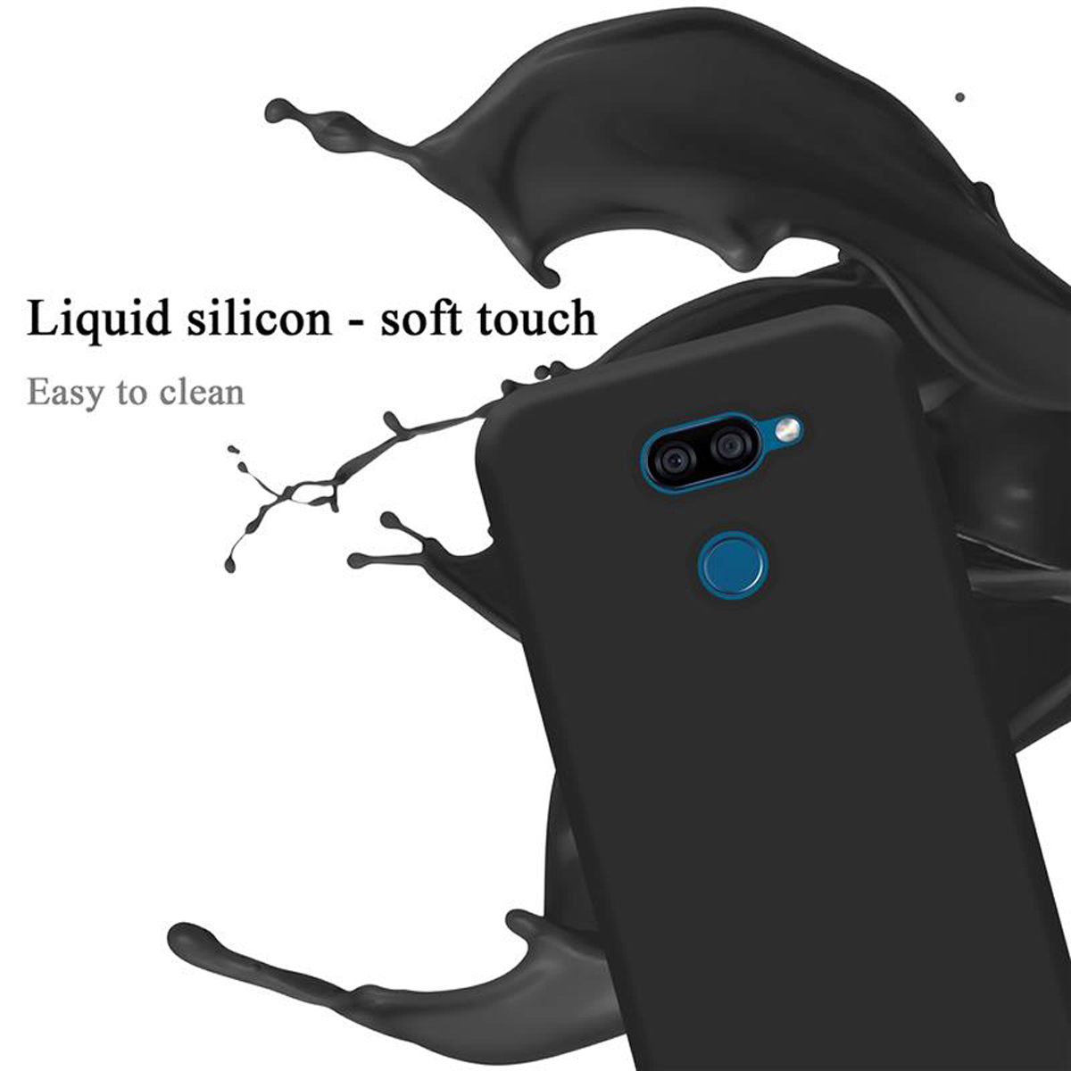 Custodia nera per telefono con effetto silicone liquido. Schizzo di liquido nero. Testo: Facile da pulire.