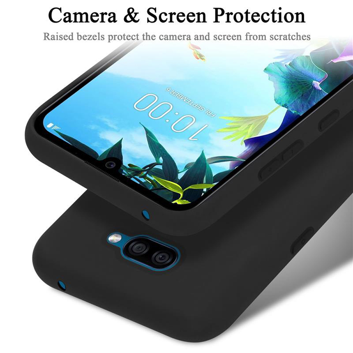 Custodia nera per telefono che protegge lo schermo e la fotocamera del telefono.