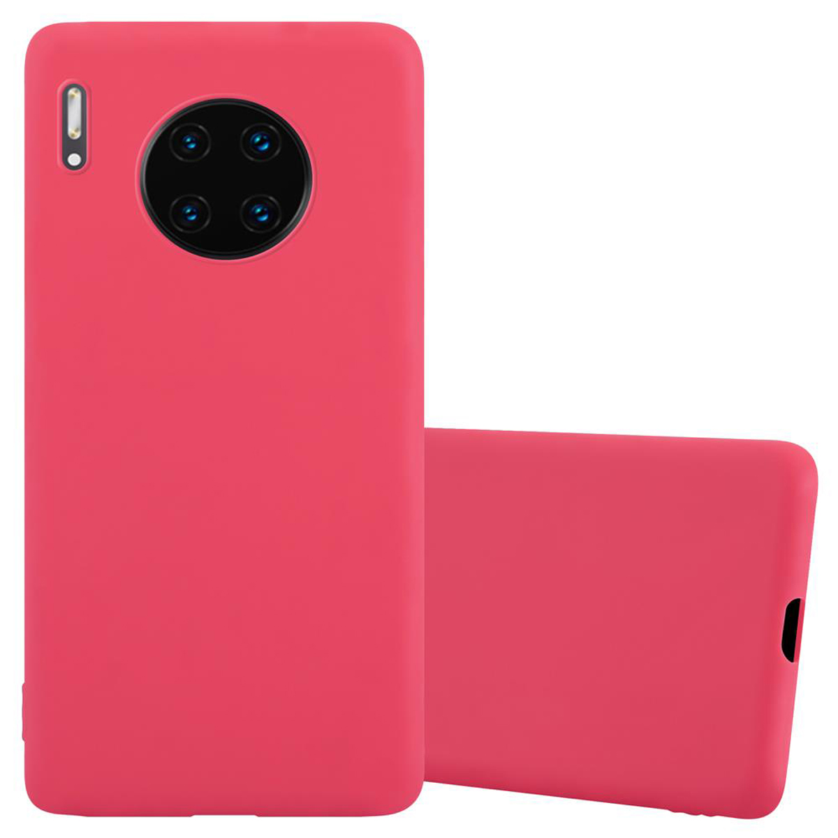 Due custodie rosse per telefono. Una in posizione verticale, l'altra sdraiata, con dettagli della fotocamera visibili.