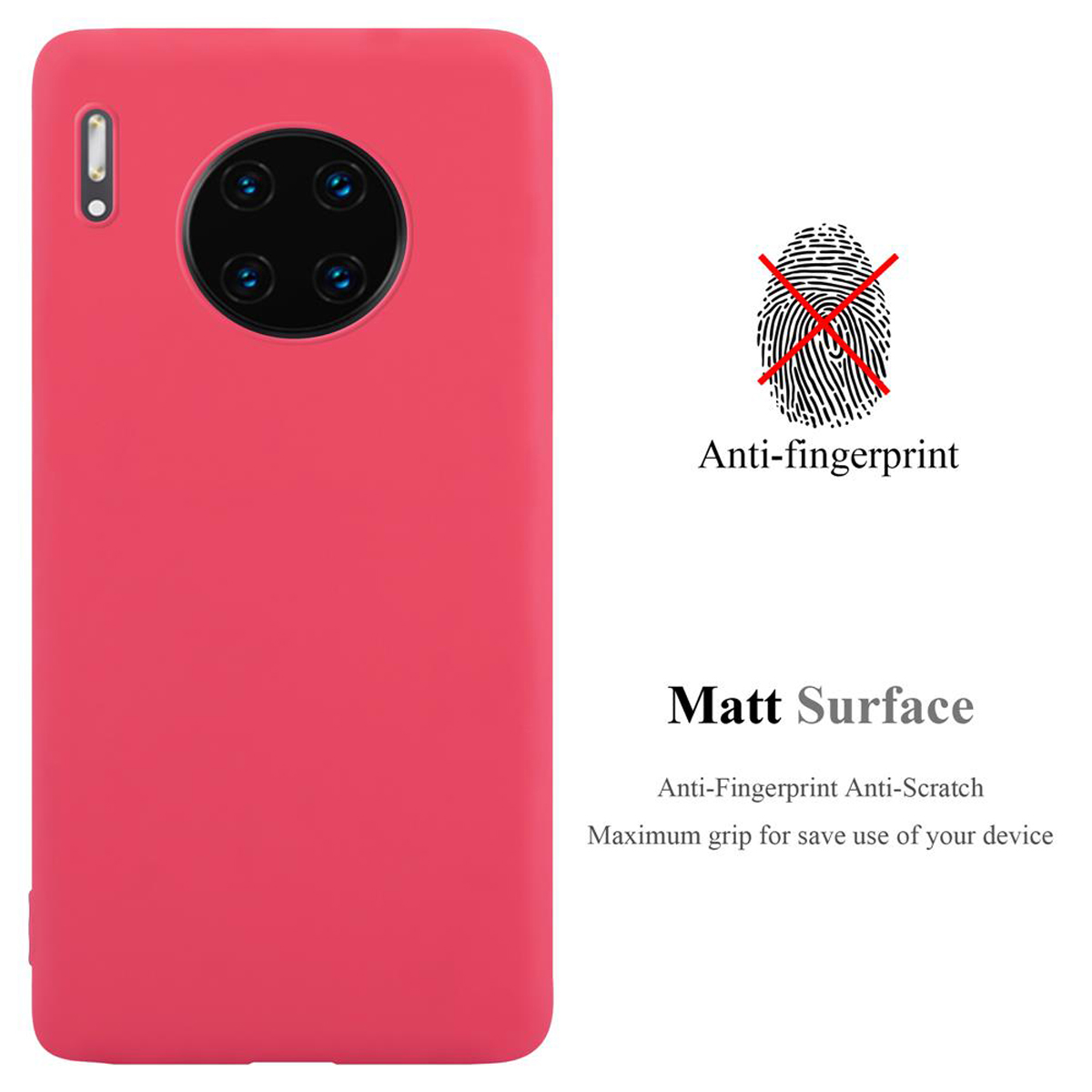 Una custodia rossa per telefono con testo "Anti-fingerprint" e "Matt Surface". La custodia è su una superficie bianca.