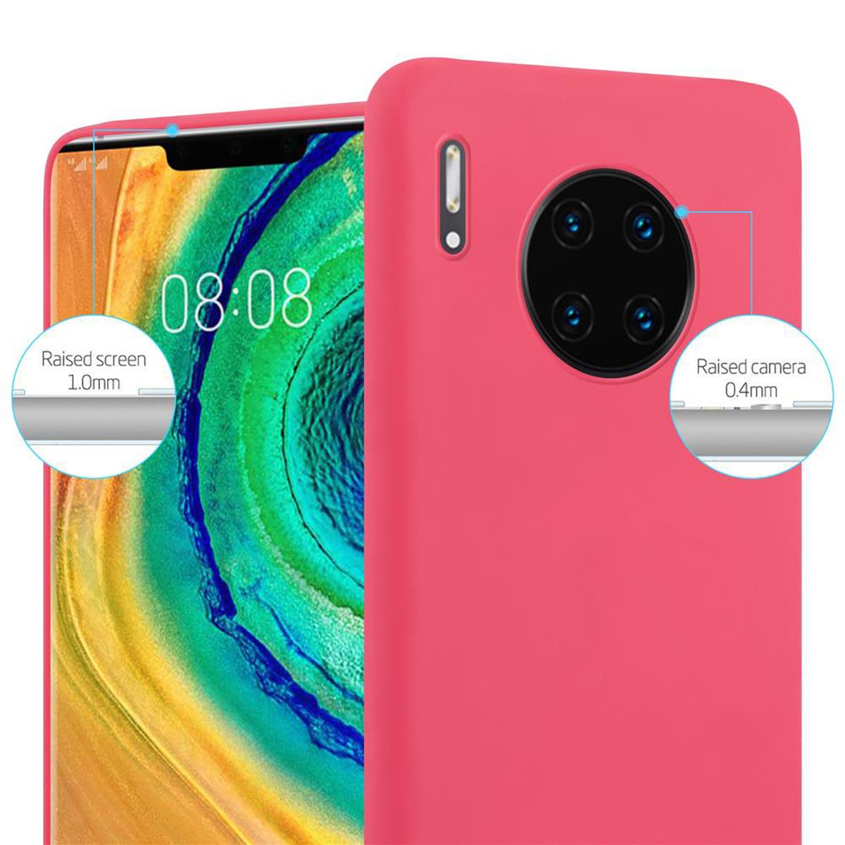 Una custodia per telefono rosa con schermo e fotocamera rialzati, con l'ora visualizzata.
