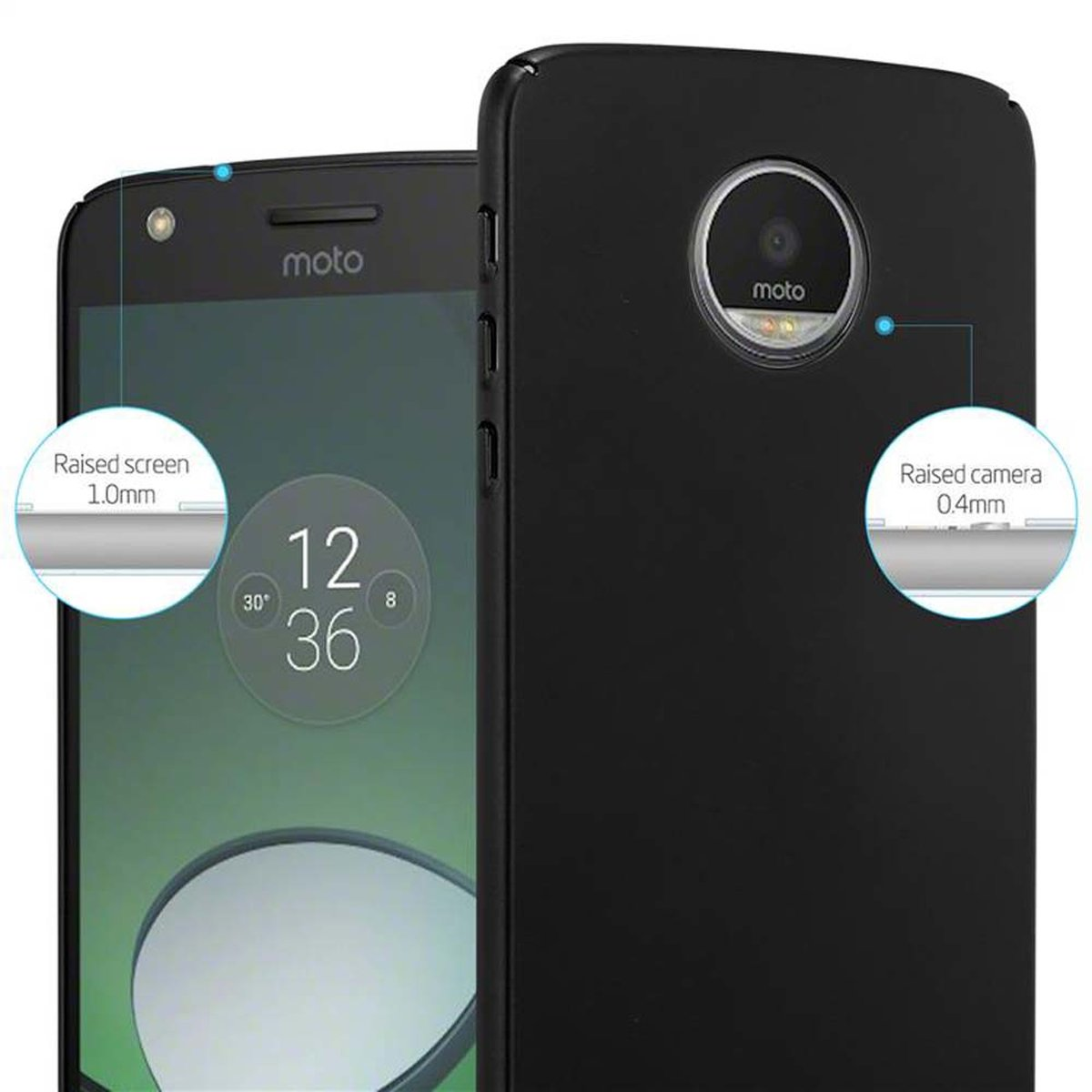Vengono mostrate due custodie nere per telefono. Una con un telefono all'interno. Il testo mostra schermo e fotocamera rialzati.