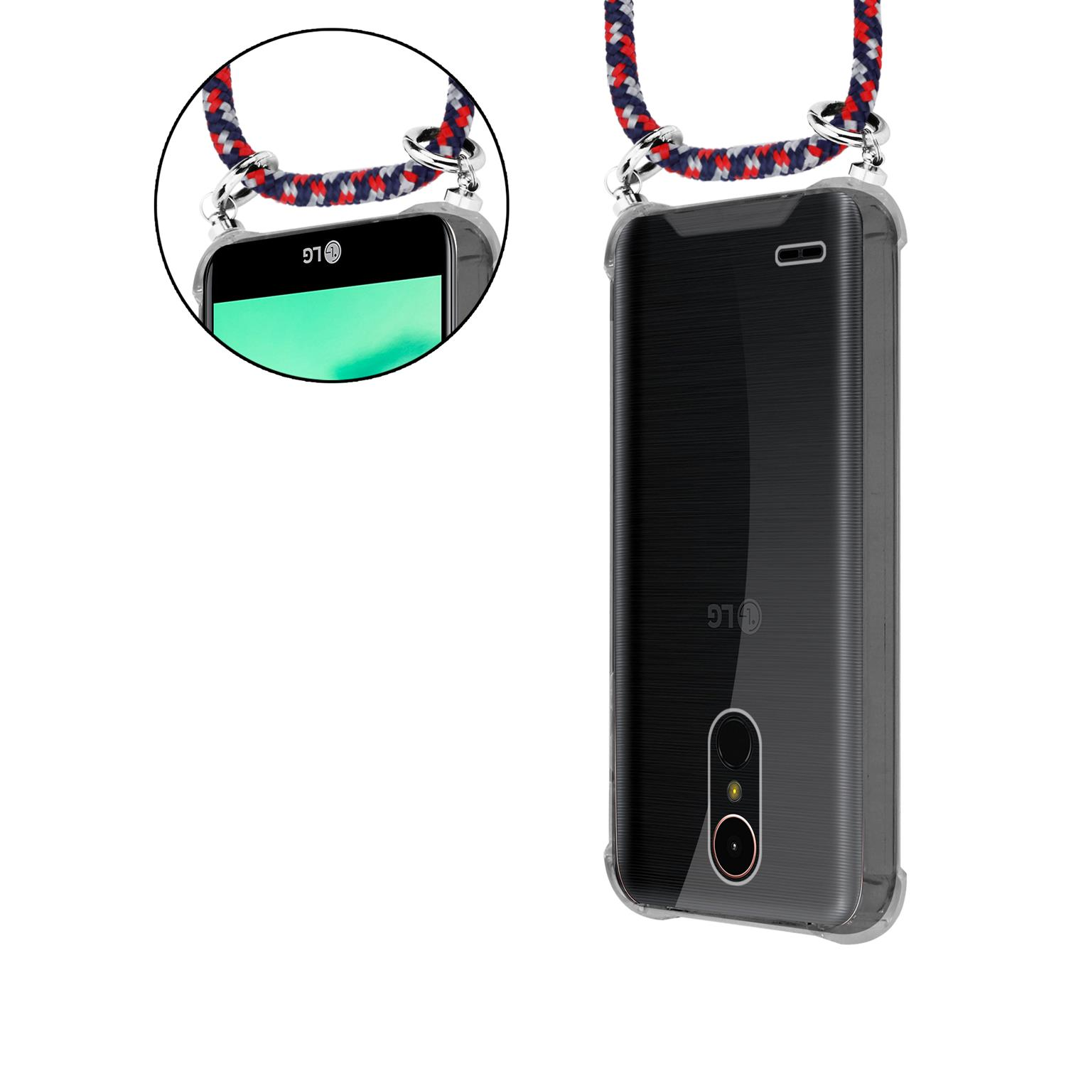 Telefon mit einer durchsichtigen Hülle und einem Umhängeband. Die Hülle hat ein Umhängeband.