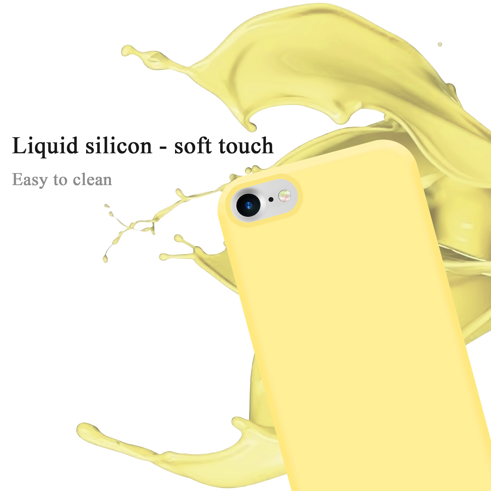 Eine gelbe Handyhülle mit einem Spritzer gelber Flüssigkeit und dem Text: 'Flüssiges Silikon - Soft Touch'.