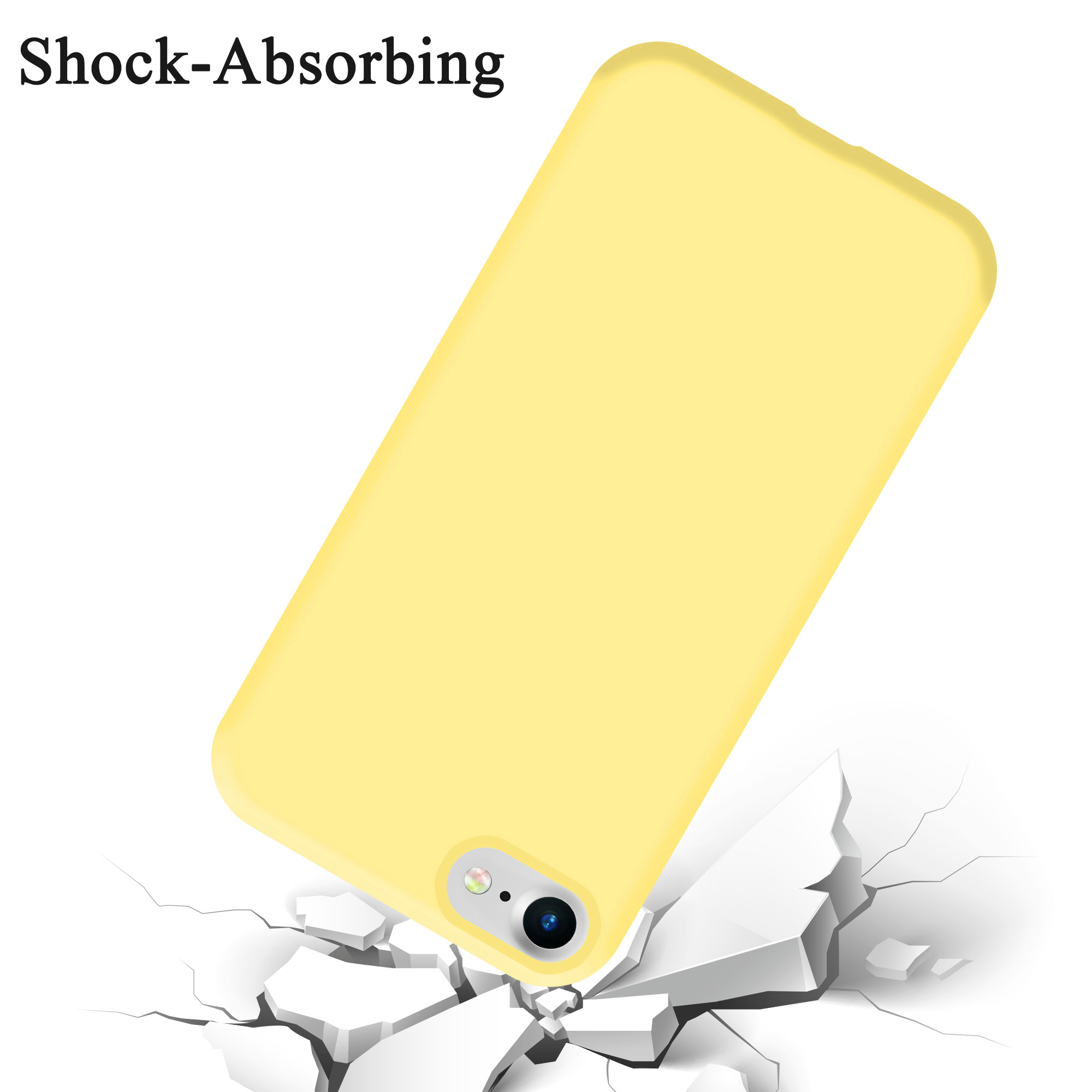 Eine gelbe Handyhülle fällt auf eine zerbrochene Oberfläche. Der Text lautet "Shock-Absorbing".