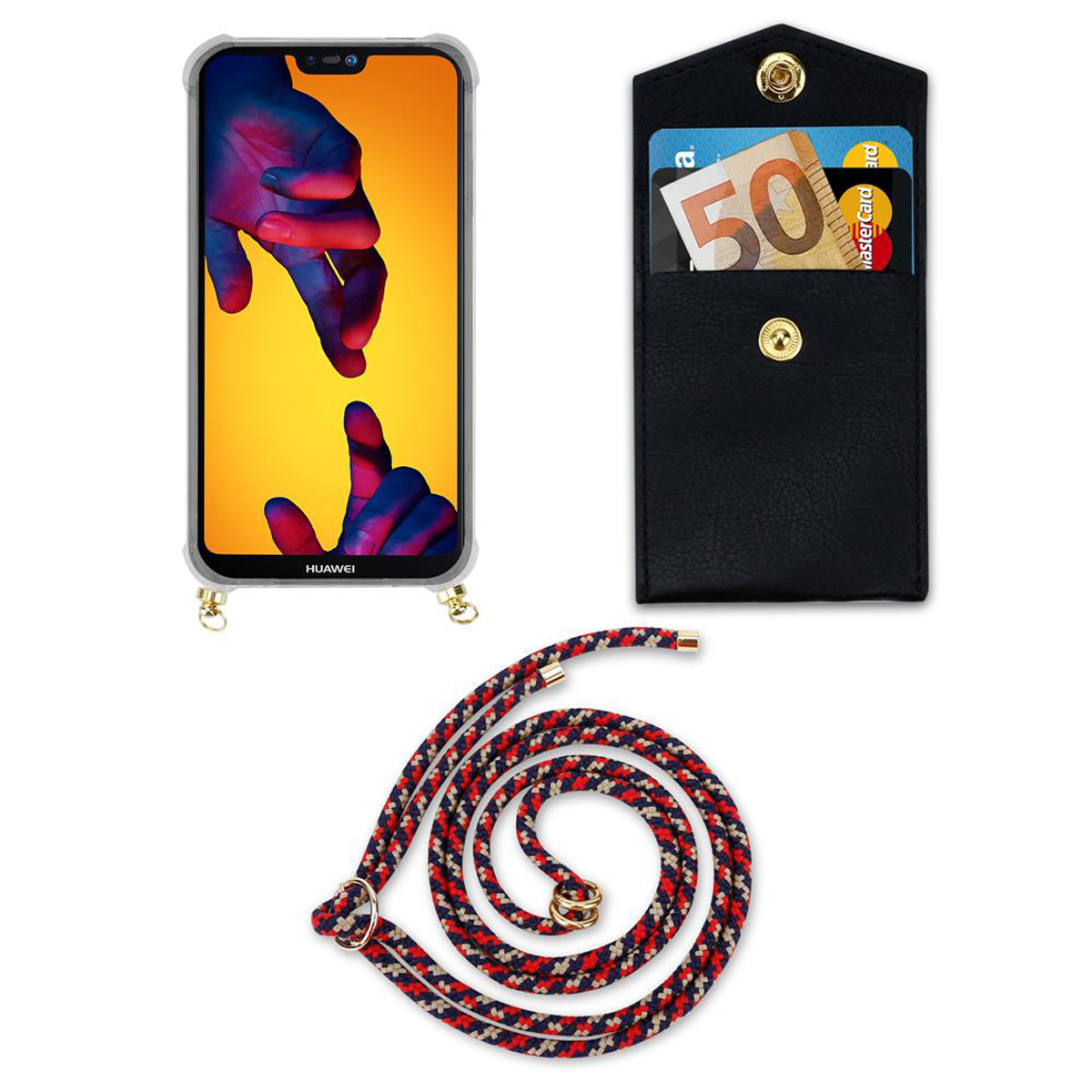 Telefono in custodia con cordino e porta carte. Portacarte con carte. Cordino rosso e nero.