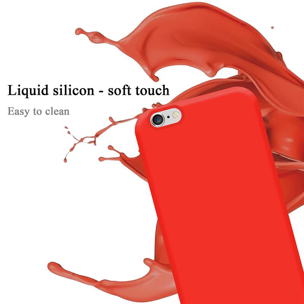 Custodia rossa per telefono con effetto splash. Testo: Silicone liquido - tocco morbido. Facile da pulire.