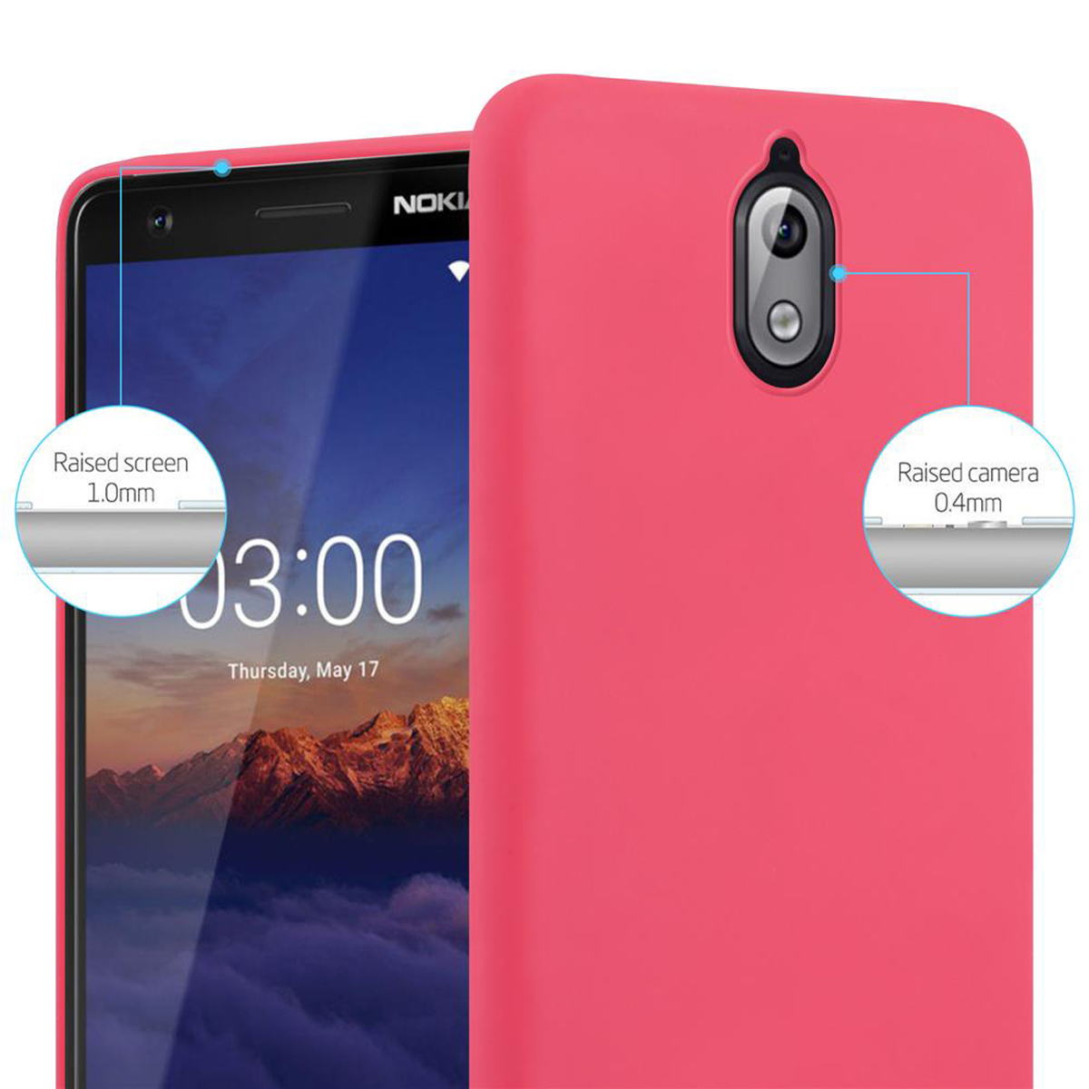 Primo piano di una custodia rosa con schermo e fotocamera rialzati. Il telefono è un Nokia, l'ora è 03:00.