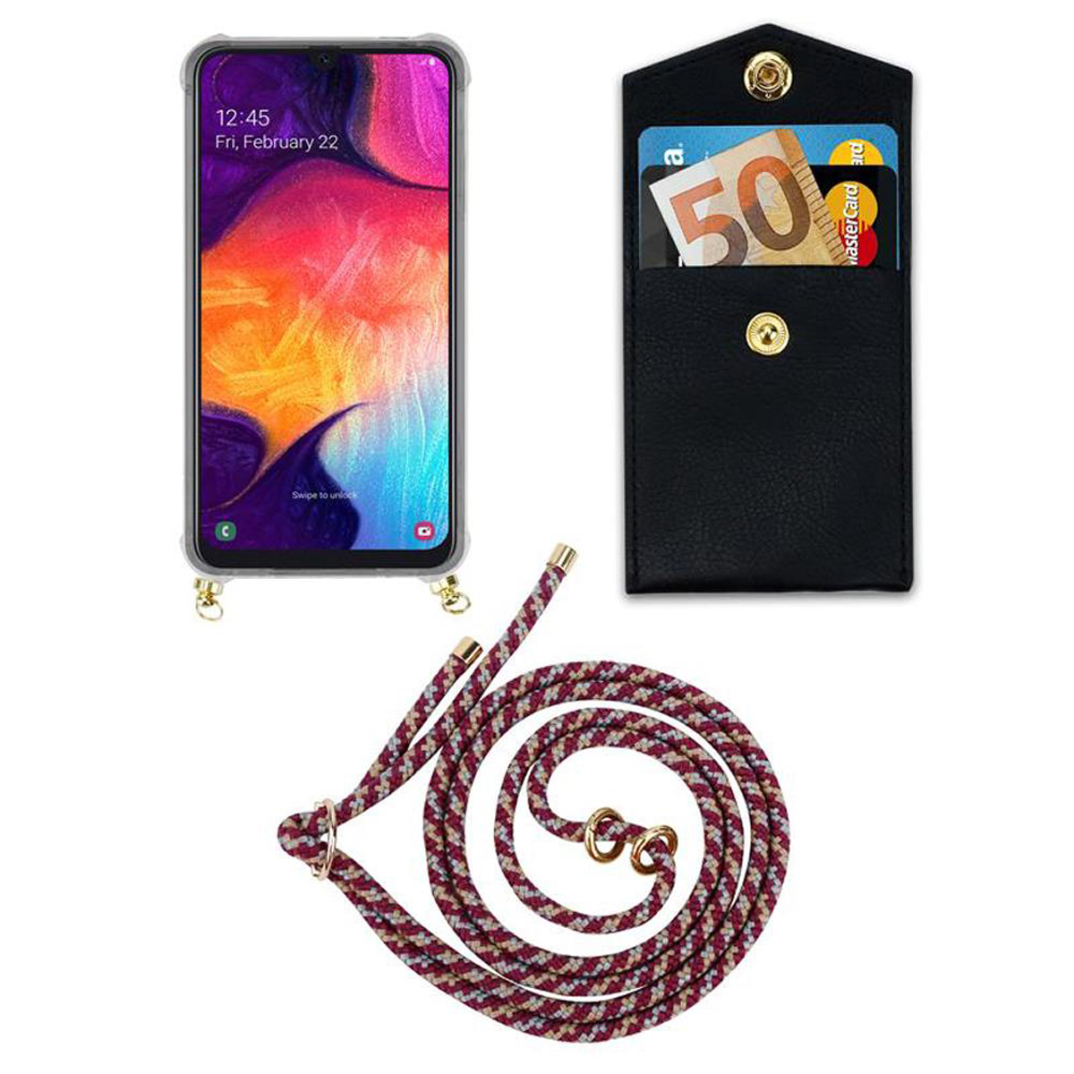 CADORABO Handy Kette mit Gold Backcover, A30s, Kordel 4G / GELB Galaxy Hülle, A50s WEIß und Samsung, / abnehmbarer A50 ROT Band Ringen