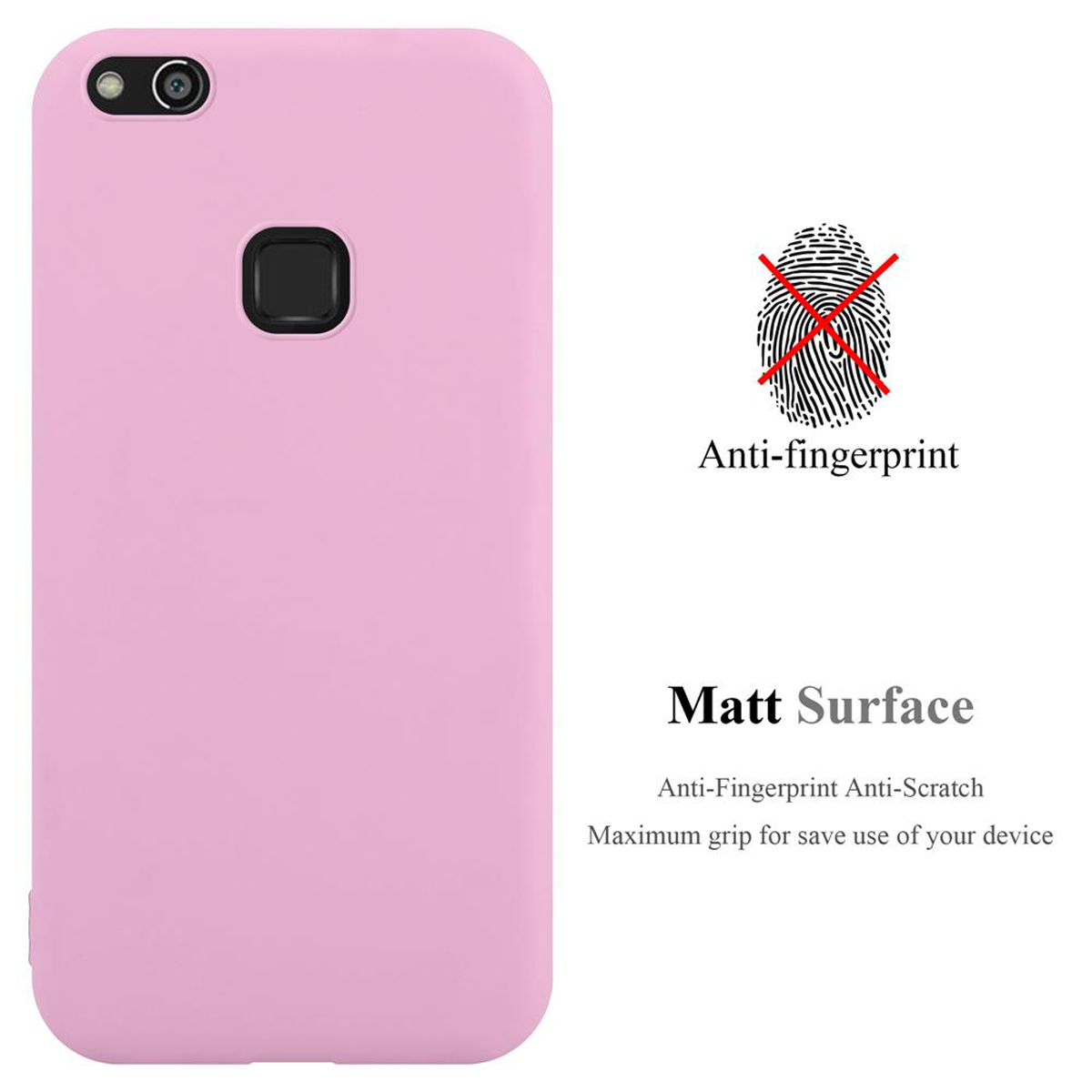 Rosa Handyhülle. Text: Anti-Fingerprint Matt Surface. Kein Fingerabdrucksymbol. Maximaler Halt für Ihr Gerät.