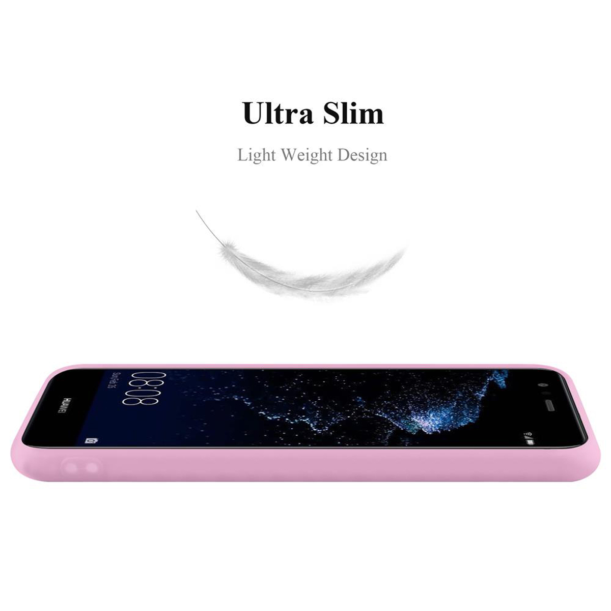 Eine rosa Handyhülle mit Text oben und einem weißen Hintergrund.
