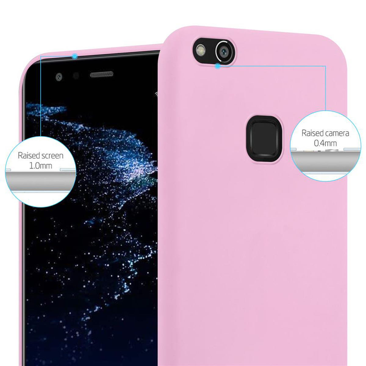 Rosa Handyhülle mit Telefon. Erhöhter Bildschirm und Kamera, Details hervorgehoben. Der Hintergrund ist verschwommen.