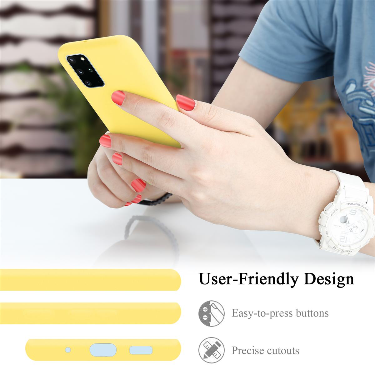 Hände halten ein gelbes Telefon. Tasten und Aussparungen sind sichtbar. Text: "User-Friendly Design".