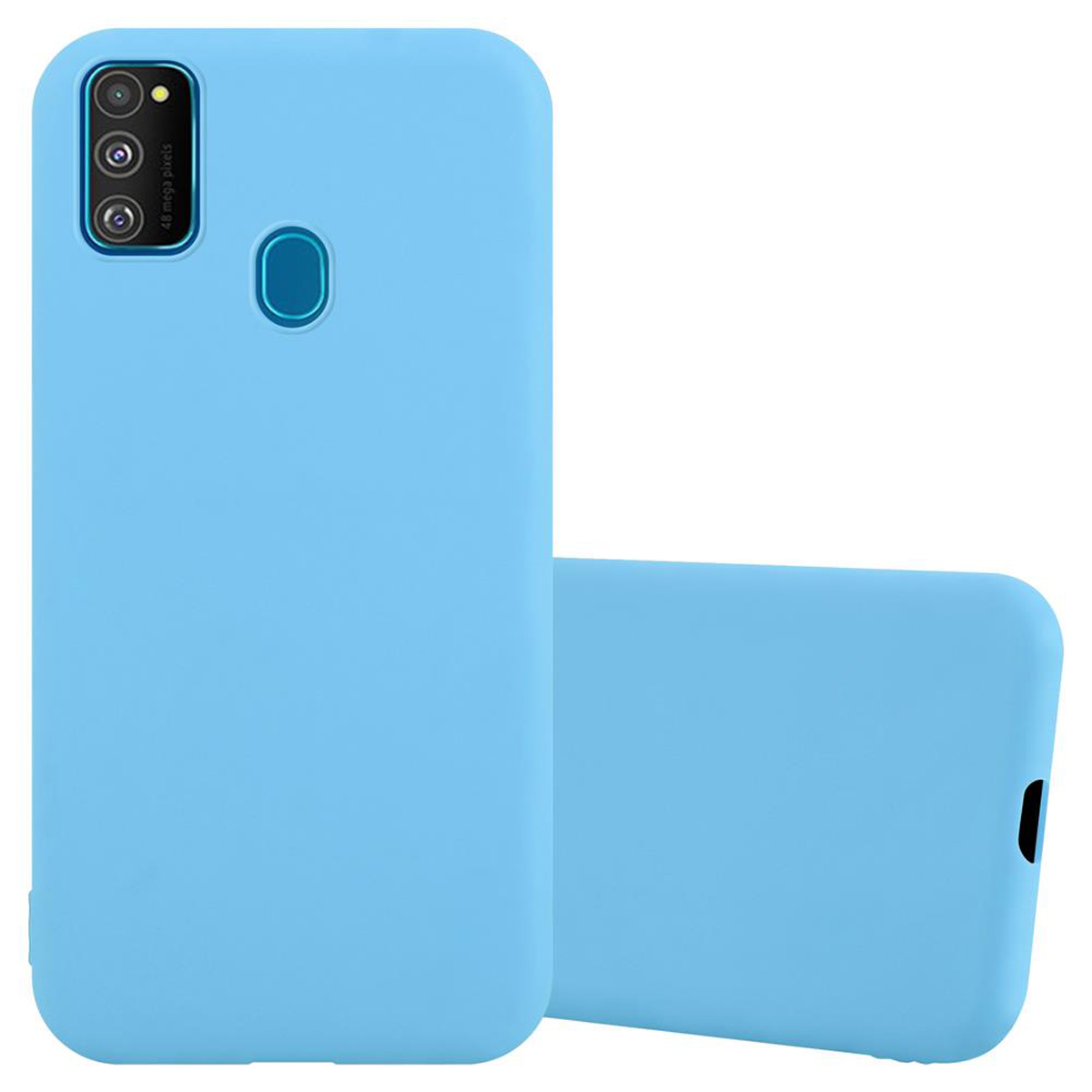 Zwei blaue Handyhüllen, eine offen und die andere geschlossen. Das Telefon wird auf weißem Hintergrund gezeigt.