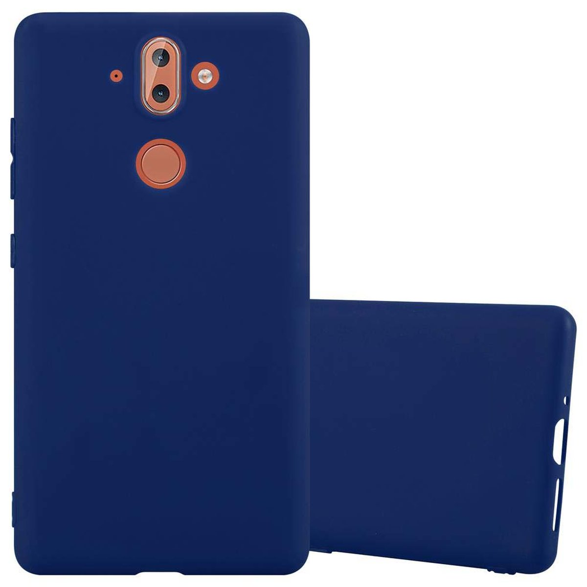 Custodia per telefono blu navy con anello fotocamera rosso. Due custodie blu navy visibili.
