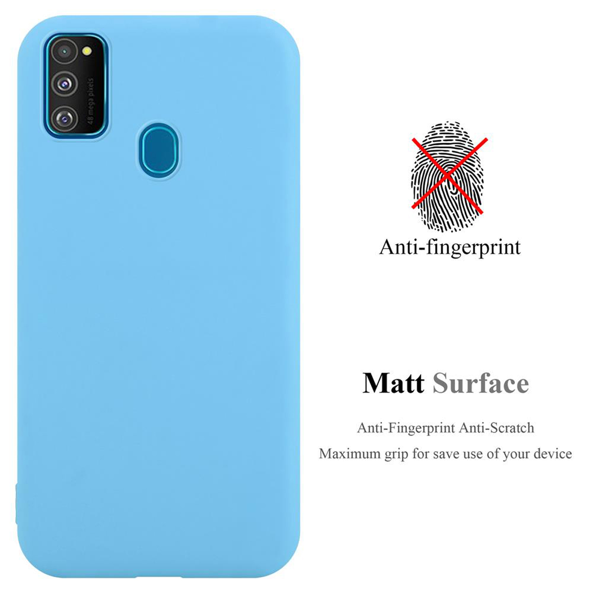 Eine blaue Handyhülle mit einem Telefon darin. Anti-Fingerabdruck und kratzfest. Der Text lautet Matt Surface.