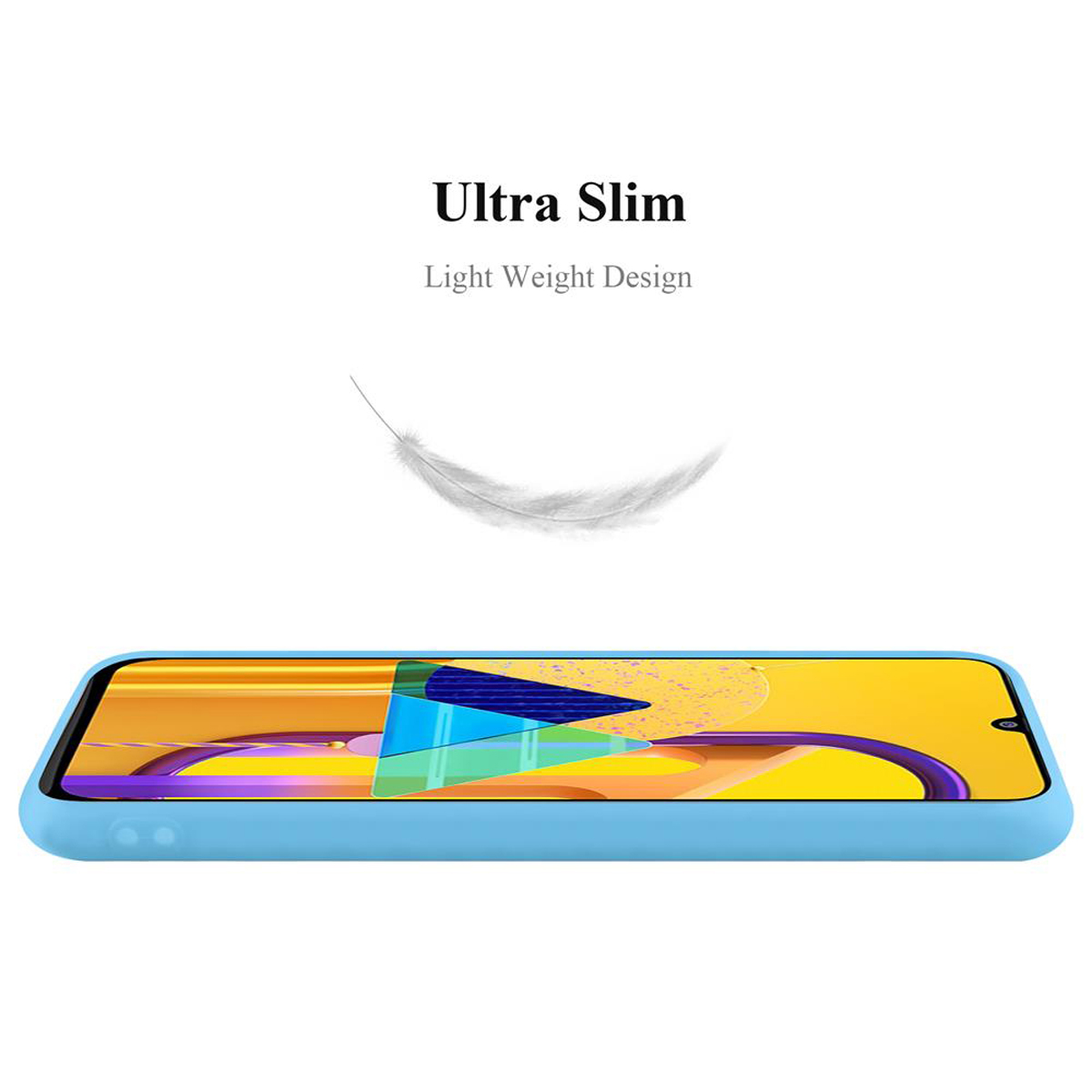 Eine hellblaue Handyhülle mit einem Telefon darin, daneben eine Feder.