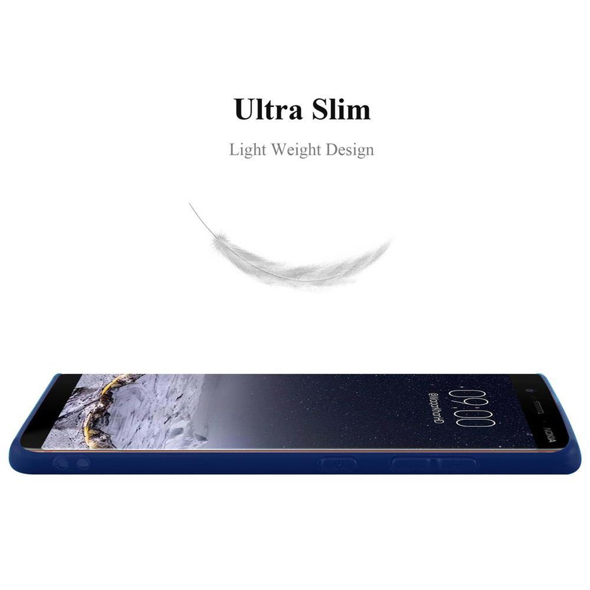 Un telefono blu con una piuma. Testo: Ultra Slim, Light Weight Design.